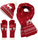 Warm hat, scarves and gloves - Set of 3 - Women's scarf - Warm hat with fleece lining - Knitted hat with pompoms - Warm scarf - Warm gloves - Christmas accessories - Christmas gift - Gifts for family and friends (Red)
