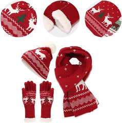 Warm hat, scarves and gloves - Set of 3 - Women's scarf - Warm hat with fleece lining - Knitted hat with pompoms - Warm scarf - Warm gloves - Christmas accessories - Christmas gift - Gifts for family and friends (Red)