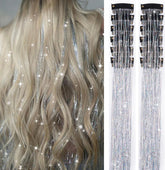 Hair Tinsels - Festival Hair Extensions - Glitter Hair Extensions - 12-Piece Clip-On Hair Accessory Set - 52cm Long, Christmas and New Year Glitter Hair Extensions, Suitable for Women, Girls and Children (Silver)