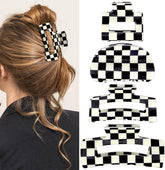 Checkered Claw Clips - Thick Hair - Fine Hair - Curly Hair - Straight Hair - Long Hair Non-Slip Clips - Simple Style Black and White Square Claw Clips - Set of 4 Hair Accessories for Women
