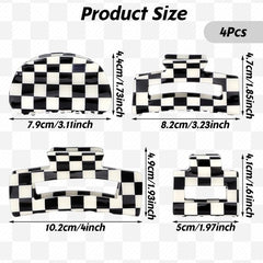 Checkered Claw Clips - Thick Hair - Fine Hair - Curly Hair - Straight Hair - Long Hair Non-Slip Clips - Simple Style Black and White Square Claw Clips - Set of 4 Hair Accessories for Women