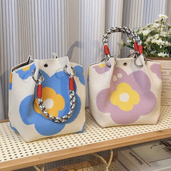 Handbags - Vintage Knitted Shoulder Bags - Casual Knitted Bags - Floral Design - Woven Handle Shopper for Daily Outings & Shopping(Blue)