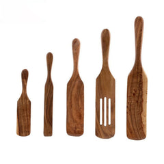 5PCS Wooden Spurtle Set Teak Wood Spatula Kitchen Utensils for Cooking Serving Stirring Mixing Scraping Non Stick Cookware, Brown