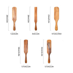 5PCS Wooden Spurtle Set Teak Wood Spatula Kitchen Utensils for Cooking Serving Stirring Mixing Scraping Non Stick Cookware, Brown