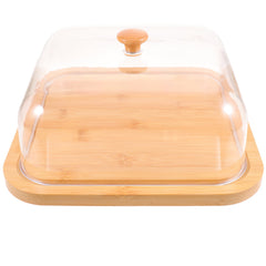 Bamboo Cake Cover Serving Set with Clear Dome Lid, Food Display Tray for Cakes and Pastries, Elegant Design, 10.2x10.2x5.1In