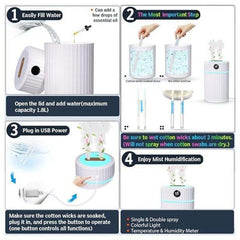 Air Humidifier, Silent Ultrasonic Humidifier with Thermo-Hygrometer, Dual Nozzle, 36 Hours of Operation Time, Automatic Shut-Off, 7 LEDs, 2 L