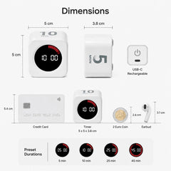 Silent Digital Kitchen Timer Cube Rechargeable USB-C Countdown Timer with 5 10 25 45 Minute Presets for Study and Time Management, 5x5x3.8 cm