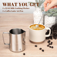 Milk Frothing Pitcher, 12oz Milk Frother Cup with Clear Scale, 304 Stainless Steel Cappuccino Espresso Machine Accessories for Barista Coffee Bar with Latte Art Pen, Silver