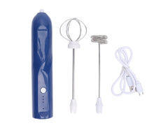 Rechargeable Milk Frother, Handheld Wand with 2 Whisk Attachments, Electric Drink Mixer & Foamer for Coffee & Egg, Blue