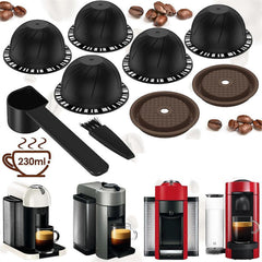 5Pcs Reusable Vertuo Coffee Pods with 2 Silicone Lids Spoon and Cleaning Brush