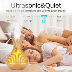 Wood Grain Flower Vase Diffuser and Humidifier, 7-Color LED Light, Timer, and Remote Control, 500 mL Ultrasonic Aroma Diffuser—Dark Wood
