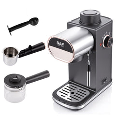 Compact Semi-Automatic Espresso Coffee Machine with Milk Frother Wand, 5Bar Pressure Extraction System, Ideal for Home Kitchen and Small Office Use, Crafted with Stainless Steel and ABS Body in Sleek Dark Gray with Rose Gold Accents (Black)