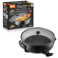 Electric Pizza Pan with Non-Stick Surface and Glass Lid, Adjustable Temperature Control for Home Baking and Grilling (Black)