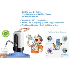 Black BPA-Free Electric Water Dispenser Pump, USB-C Rechargeable, Low Noise, Fits 2-5 Gallon Water Jugs 2.16" Neck, Electric water pump for bottled water