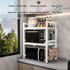 CARLA HOME 3-Tier Microwave Oven Rack with Adjustable Metal Kitchen Shelf Stand for Countertop Storage and 6 Hooks for Utensils