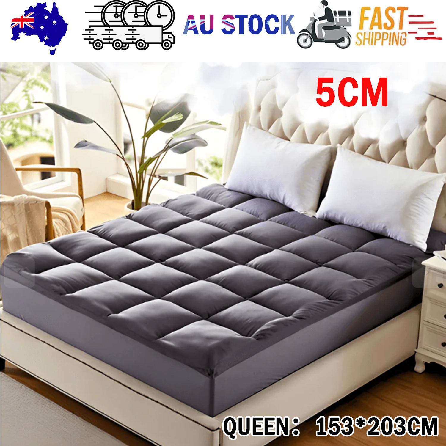 5CM Bedding Luxury Pillowtop Mattress Topper Mat Pad Antibacterial and dust mite-resistant Queen:153*203cm