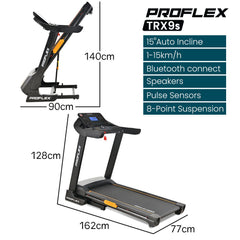 Proflex TRX9s Electric Treadmill, Large Size, 450mm Belt, 10-inch display, Foldable, Suspension, Auto Incline, WiFi, Bluetooth, Pulse Sensors