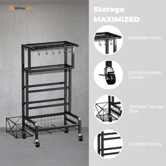 Social Hike Gym Equipment Storage Rack on Wheels - Dumbbells Weights Organiser