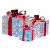 Christabelle Set of 3 Christmas Gift Boxes With Lights - Clear Shimmer With Red Bows