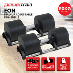 Powertrain Eon 90kg Adjustable Dumbbells Home Gym 9 Strength Training Safety Lock System Building & Fitness Workouts