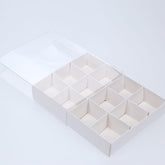 100 Pack of White Card Chocolate Sweet Soap Product Retail Gift Box - 12 bay 4x4x3cm Compartments - Clear Slide On Lid - 16x12x3cm