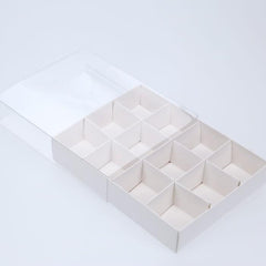 100 Pack of White Card Chocolate Sweet Soap Product Retail Gift Box - 12 bay 4x4x3cm Compartments - Clear Slide On Lid - 16x12x3cm