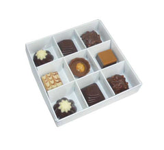 100 Pack of White Card Chocolate Sweet Soap Product Retail Gift Box - 9 bay 4x4x3cm Compartments - Clear Slide On Lid - 12x12x3cm