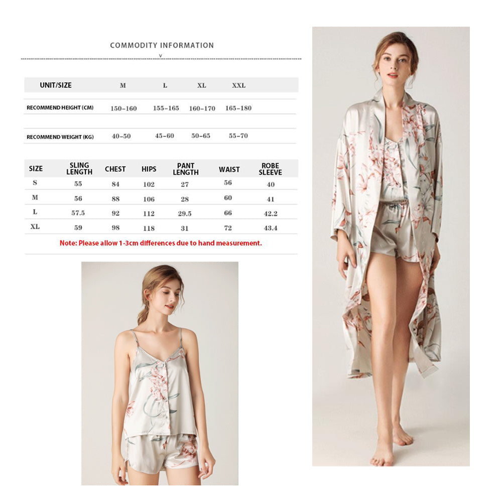 3 Pcs Set Woman Elegant Nightdress Silk Satin Summer Sleepwear Pajamas (XL Size)