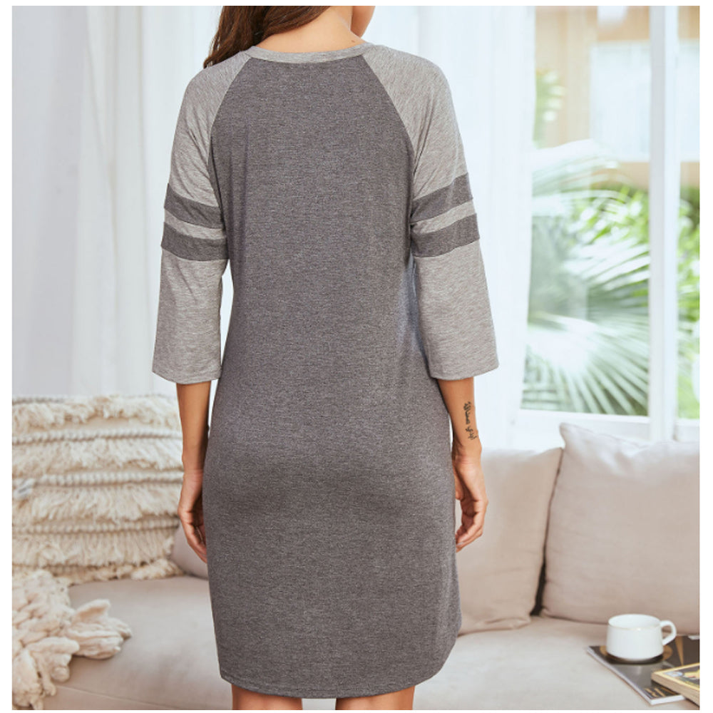 Polycotton Color Matching Women Nightgown 3/4 Sleeve Night Dress UK Size (M Size)