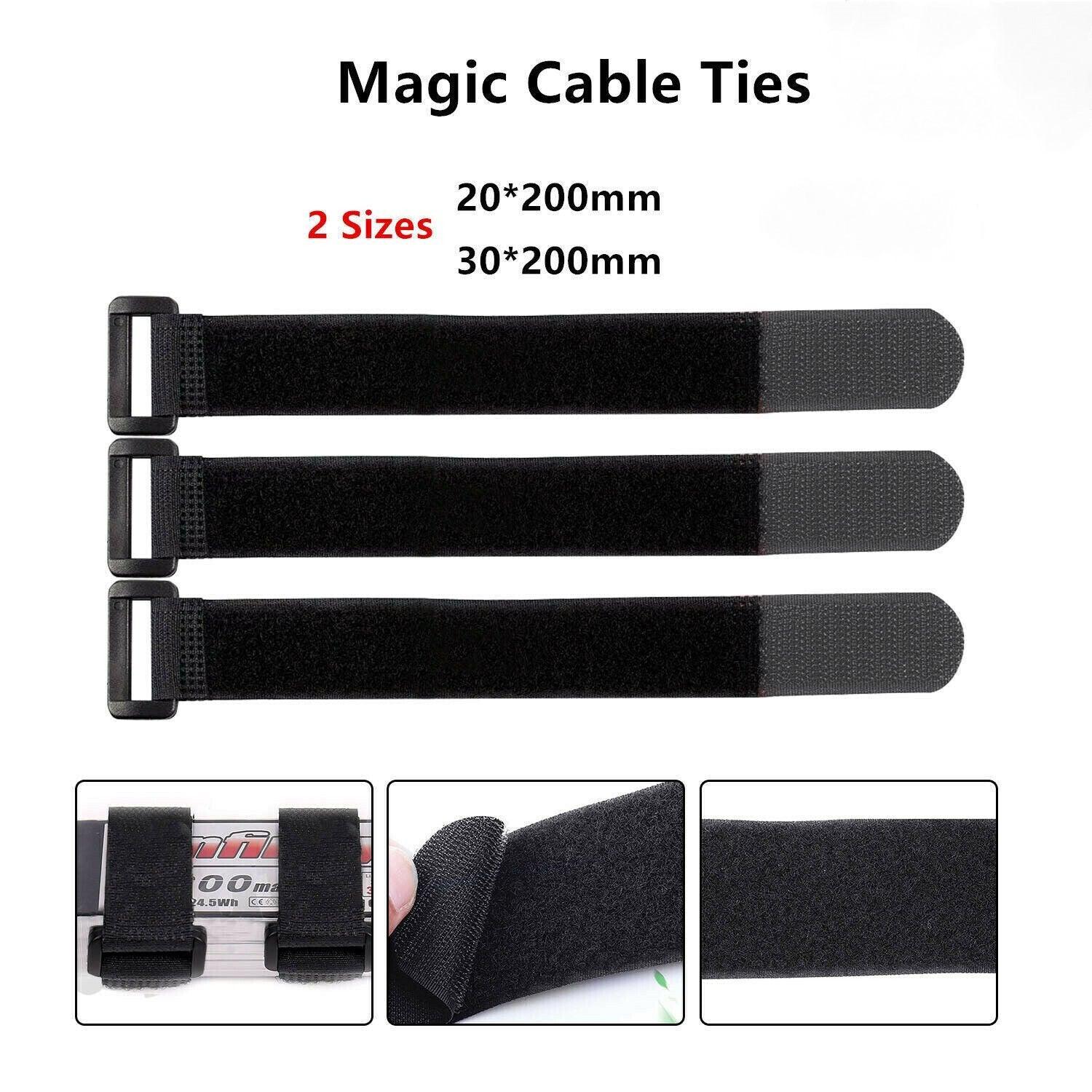 Magic Cable Ties Reusable Winder Coded Organiser Cords Hook Loop Black - 20*300mm 10PCS