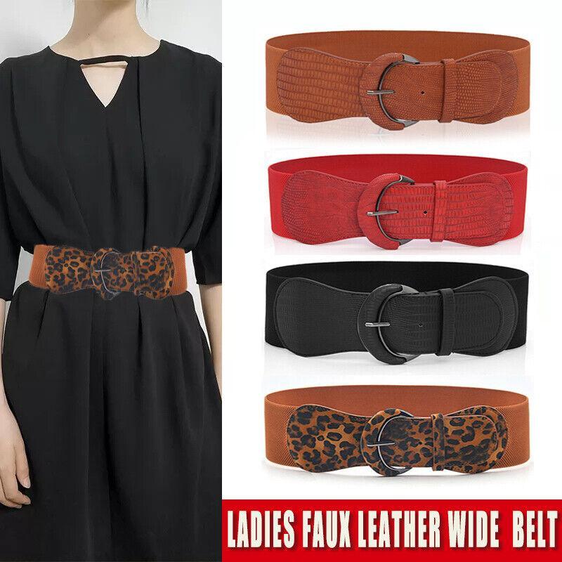 Faux Leather Cinch Waist Belt with Buckle for Women Stretch Wide Elastic Dress Belt - Leopard