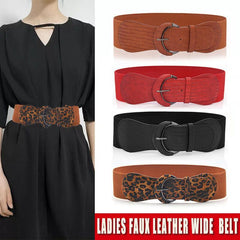 Faux Leather Cinch Waist Belt with Buckle for Women Stretch Wide Elastic Dress Belt - Leopard