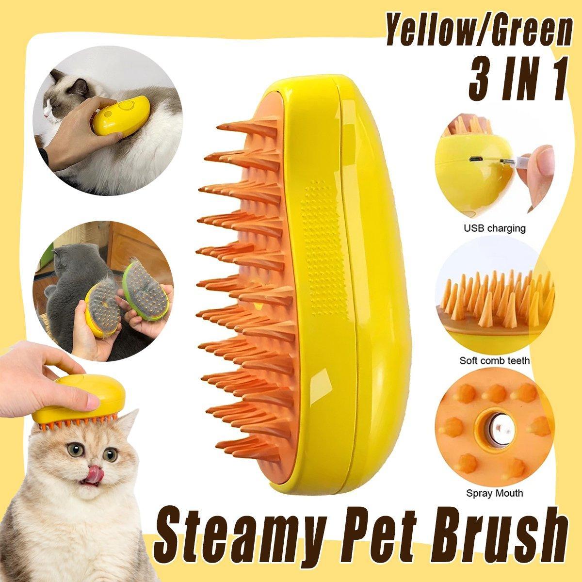Electric Pet Hair Brush 3 in 1 Steamy Dog Cat Hair Grooming Bath Spray Tool - Green