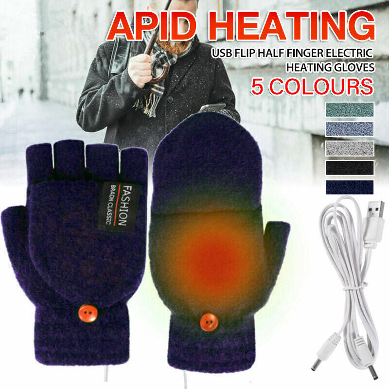 USB Heated Half Finger Gloves Winter Warm Knitted Gloves for Typing and Office Use - Navy