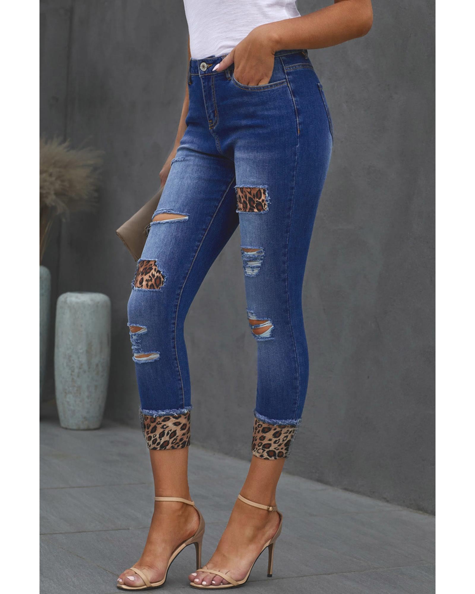 Azura Exchange Leopard Patches Distressed Skinny Jeans - L