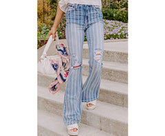 Azura Exchange Vertical Striped Ripped Flare Jeans - 12 US