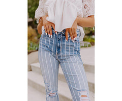 Azura Exchange Vertical Striped Ripped Flare Jeans - 12 US