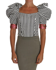 Cropped Top with Puff Sleeves and Crystal Button Embellishment 44 IT Women