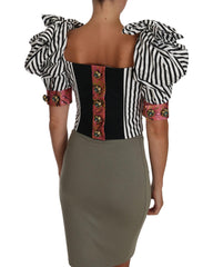Cropped Top with Puff Sleeves and Crystal Button Embellishment 44 IT Women