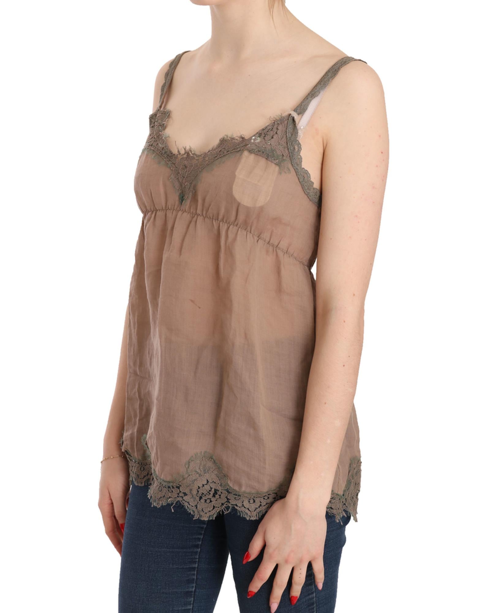 Brown Lace Spaghetti Strap Plunging Top Blouse 44 IT Women