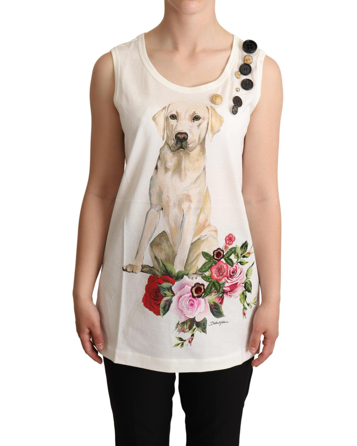 Dog and Floral Print Tank T-shirt by Dolce & Gabbana 38 IT Women