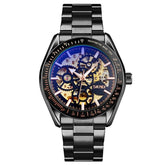 Men Automatic Skeleton Mechanical Watch with Steel Band - Black