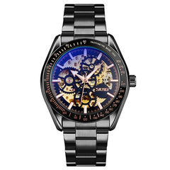 Men Automatic Skeleton Mechanical Watch with Steel Band - Black
