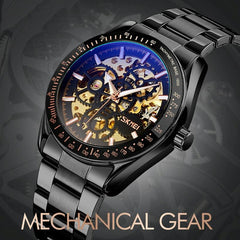 Golden Black Face Men Automatic Skeleton Watch with Steel Band