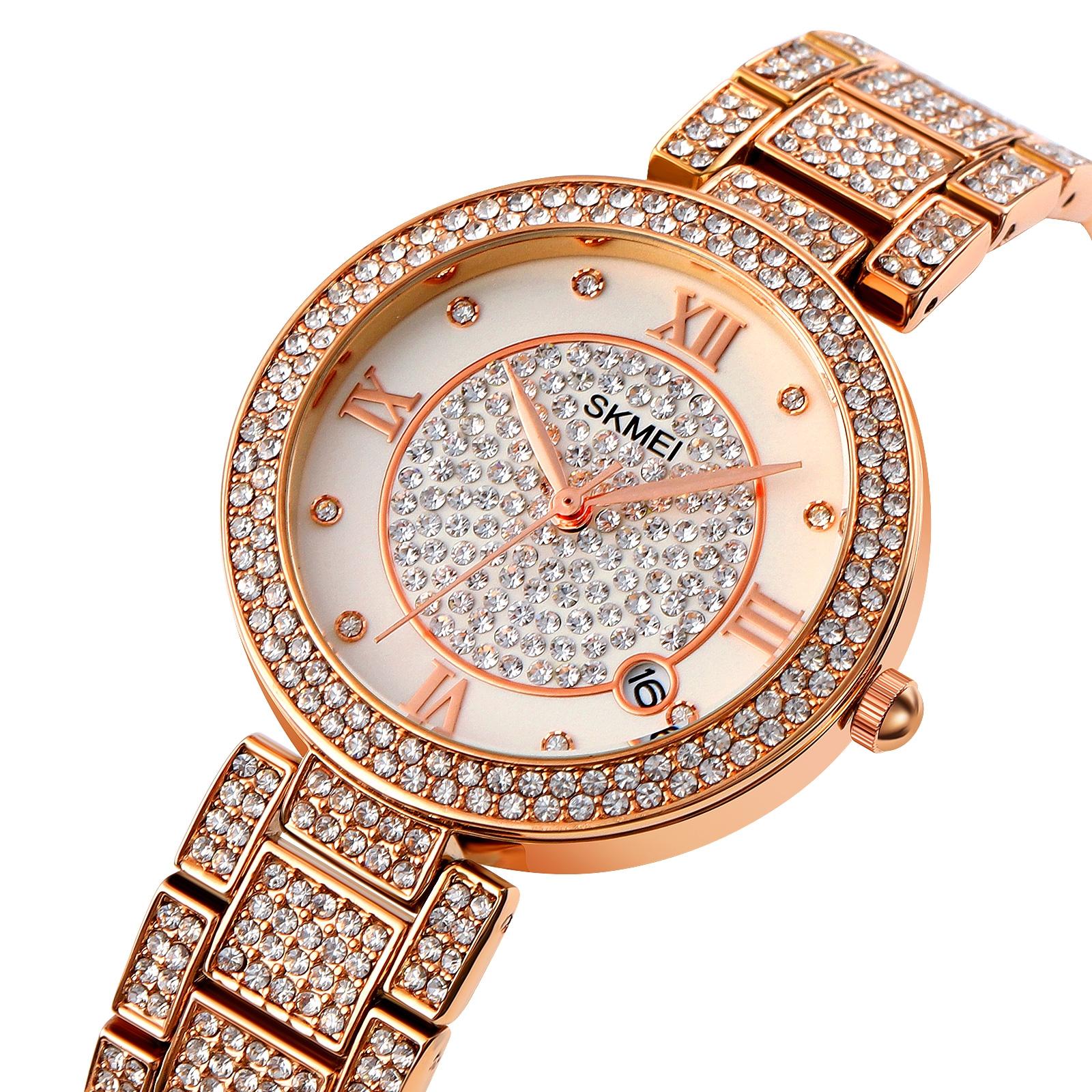 Women Quartz Watch with Diamond Roman Numerals and Round Dial - Rose Gold