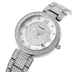 Women Quartz Watch with Diamond Roman Numerals and Round Dial - Rose Gold