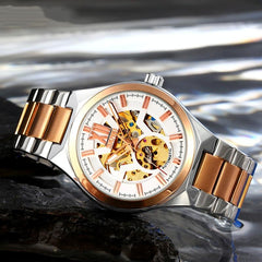 Men Automatic Mechanical Watch with Two-tone Stainless Steel Strap - Middle Rose Gold Shell Black Surface
