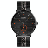 Men Striped Arabic Numeral Mesh Quartz Watch - Horizontal Design - Orange