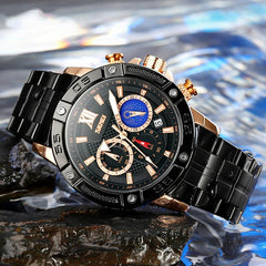 Stainless Steel Men Moonphase Quartz Watch with Strap - Black