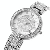 Women Quartz Watch with Diamond Roman Numerals and Round Dial - Silver